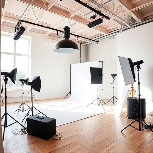 A bright, modern photo studio interior with ample natural light and professional lighting equipment.