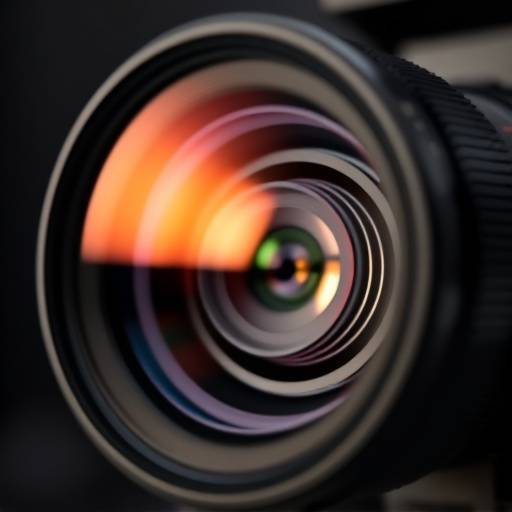 A close-up of a professional camera lens reflecting studio lights.
