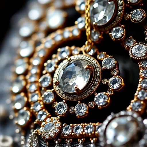 A detailed shot of a piece of artisanal jewelry, illuminated to reveal its sparkle and craftsmanship.