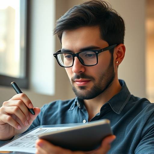A photo of Dmitri Volkov, a man with glasses and dark hair, sketching a wireframe on a tablet, representing user interface design and user experience.
