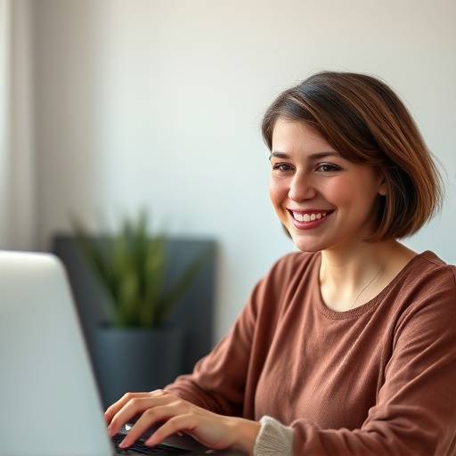 A photo of Elena Petrova, a woman with short brown hair, smiling and looking at a laptop screen, symbolizing web development and accessibility.