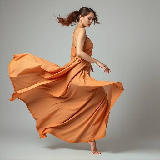 An artistic shot of a model in motion, capturing the fluidity of fabric and the dynamism of the pose.