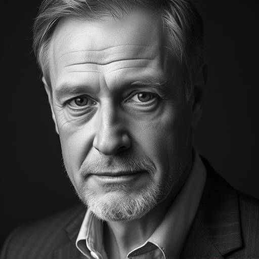 Black and white portrait of a seasoned professional, conveying gravitas and experience through powerful composition and contrast.