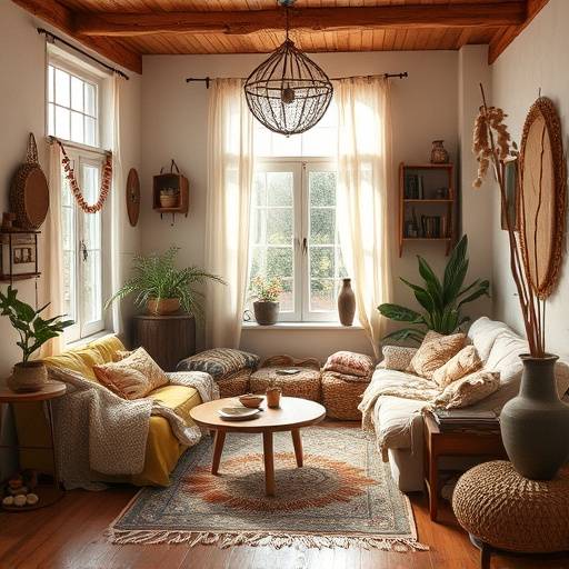 Cozy, bohemian-style studio with natural textures and warm lighting