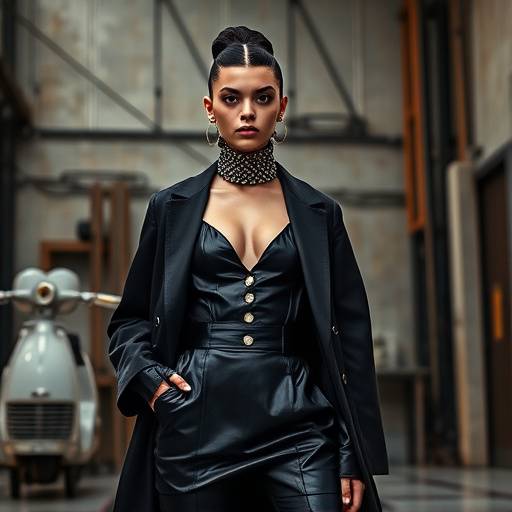 Editorial fashion photograph of a model wearing avant-garde clothing against a stark industrial backdrop in our studio.