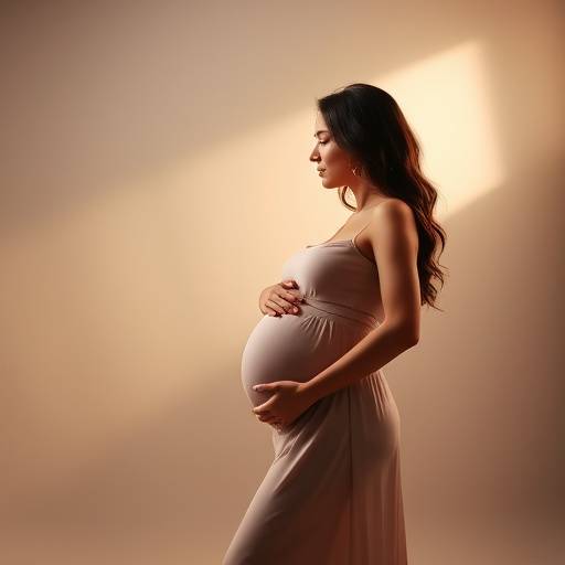 Maternity photoshoot in a softly lit studio, capturing the elegance and anticipation of new life.