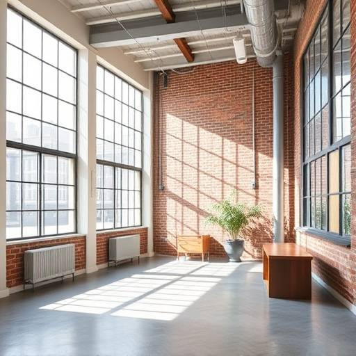 Modern industrial studio with large windows and exposed brick
